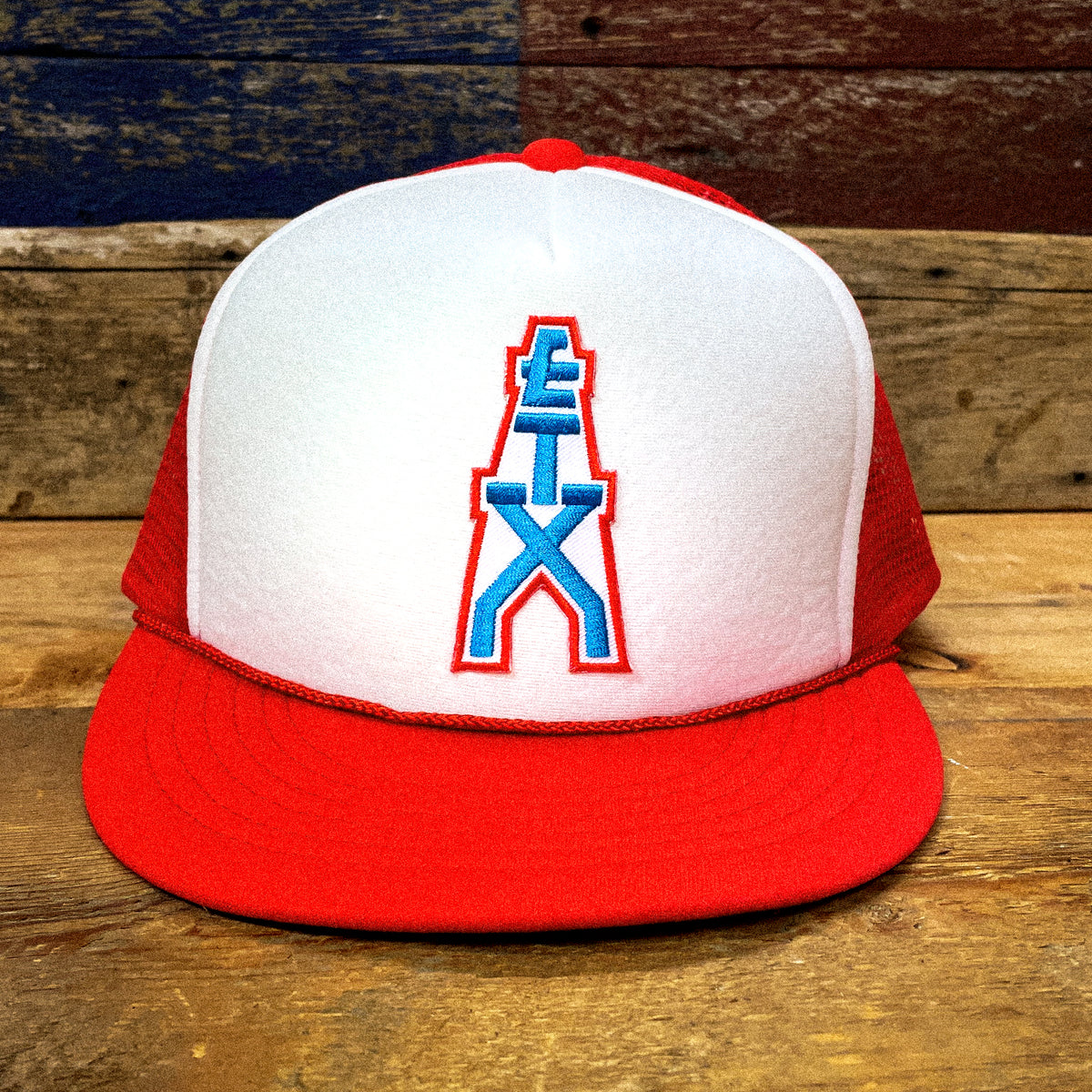 ETX Patch Trucker Hat Houston Oilers style logo BiggieTexas