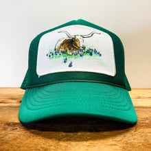 Load image into Gallery viewer, Big &quot;Chill Longhorn in Bluebonnets&quot; Patch Trucker Hat - Hats - BIGGIE TX (6000947298460)
