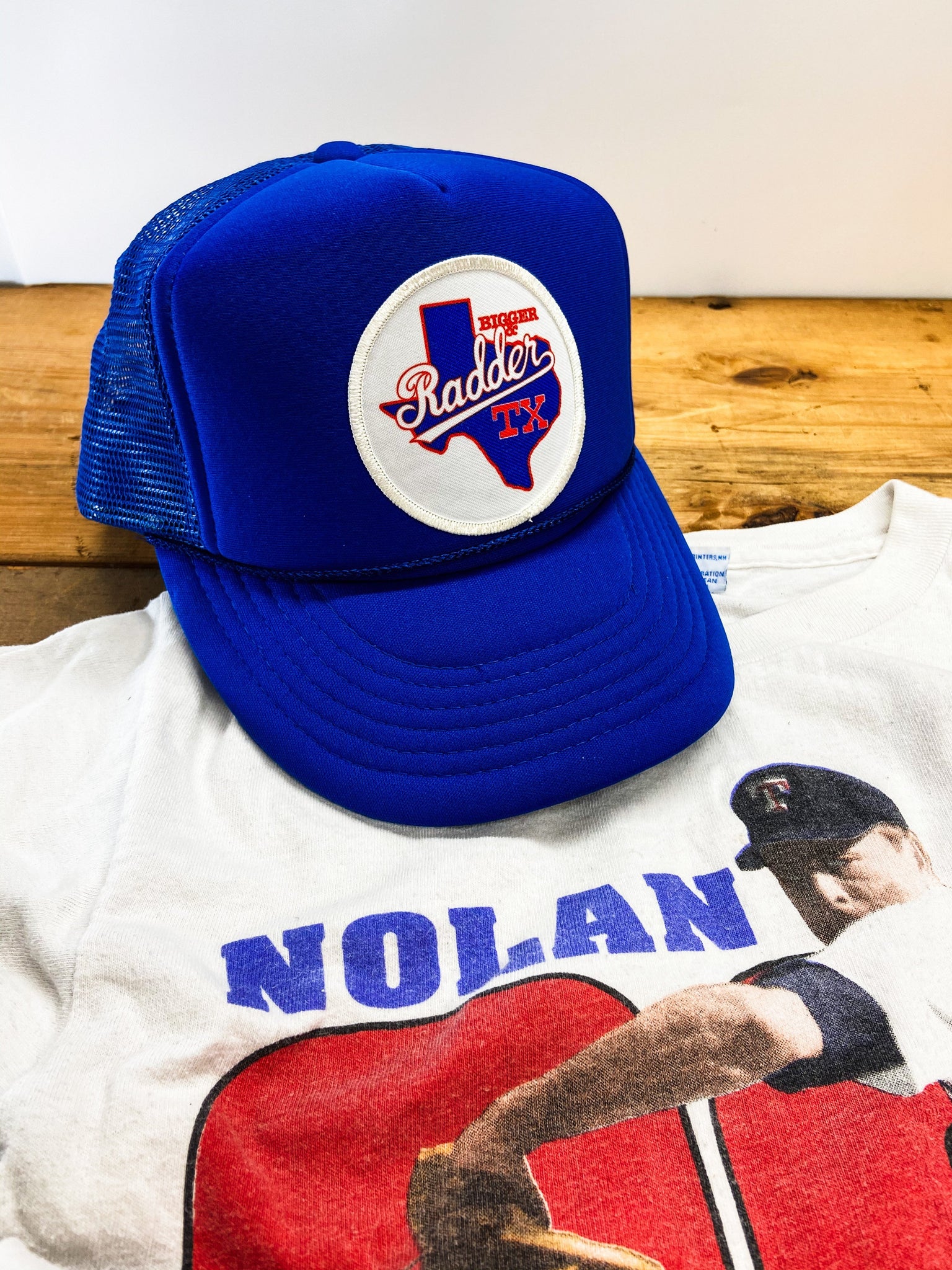 Big Bigger Radder TX Patch Trucker Hat Retro Rangers Style Design Baby Blue Royal