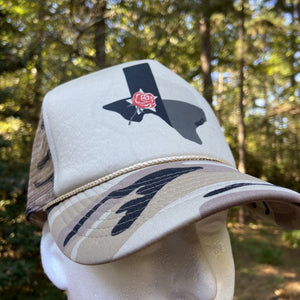 BIGGIE TX - Texas State Design with Red Rose on Big Trucker Hat - Light Camo - Hats - BIGGIE TX (5857844265116)