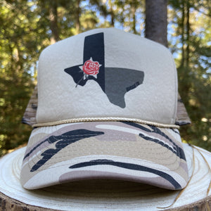BIGGIE TX - Texas State Design with Red Rose on Big Trucker Hat - Light Camo - Hats - BIGGIE TX (5857844265116)