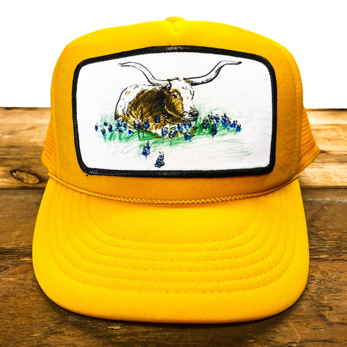 Chill Longhorn in Bluebonnets Patch Trucker Hat - Hats - BIGGIETX Hats (6000947298460)