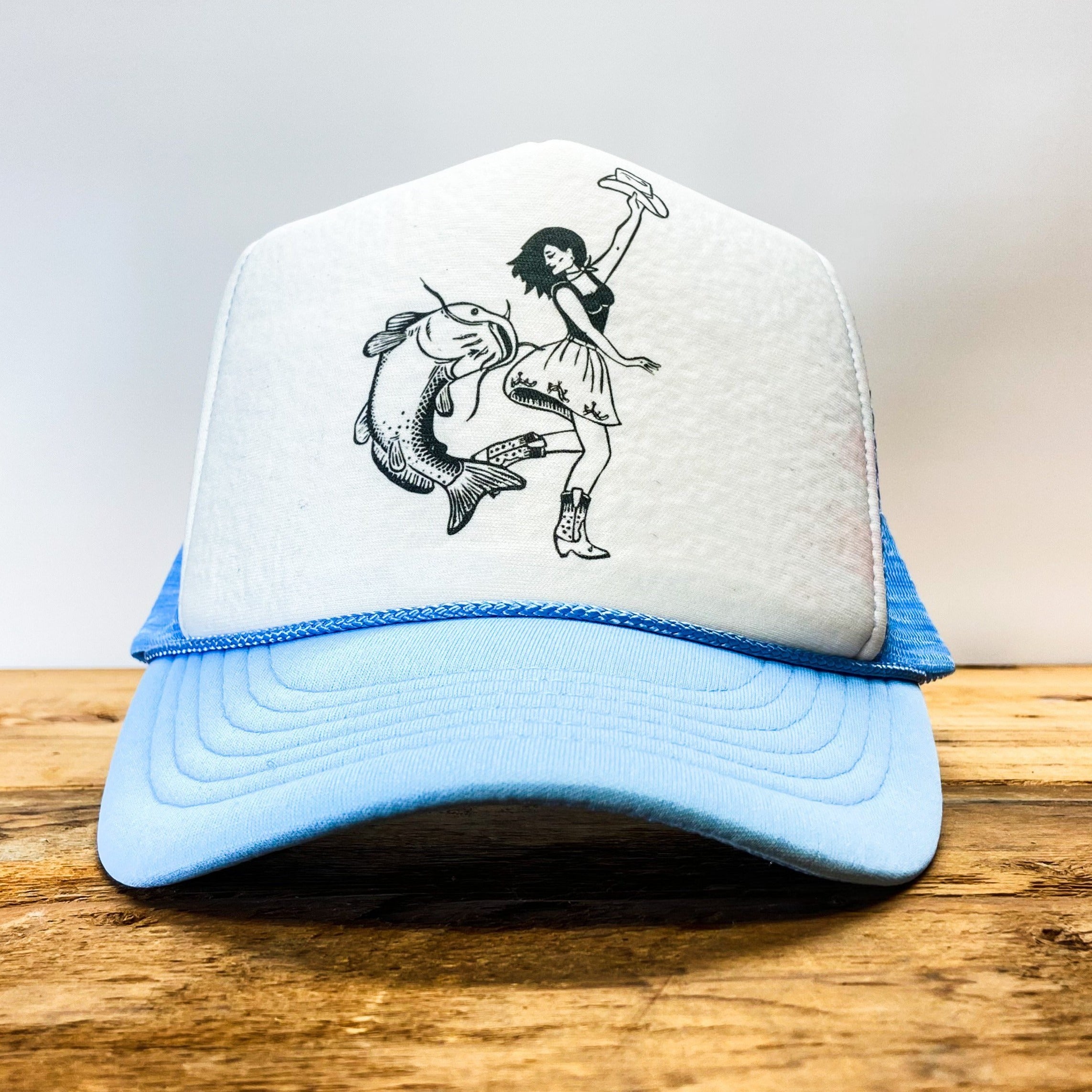 Small Cowgirl and Catfish Dance Trucker Hat White/Columbia Blue