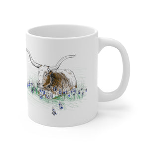 Longhorn in Bluebonnets Coffee Mug 11oz - Longhorn Cup - Mug - BiggieTexas